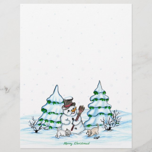 Merry Christmas! Snowman with Cat and Puppy Letter Letterhead (Front)