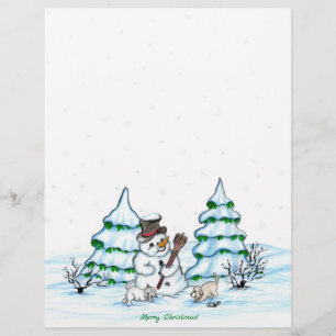 Merry Christmas! Snowman with Cat and Puppy Letterhead