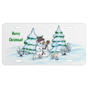 Merry Christmas! Snowman with Cat and Puppy License Plate