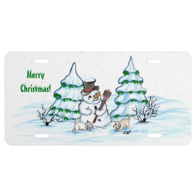 Merry Christmas! Snowman with Cat and Puppy License Plate (Front)