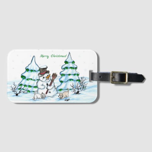 Merry Christmas Snowman with Cat and Puppy Luggage Tag