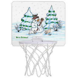 Merry Christmas! Snowman with Cat and Puppy Mini Basketball Hoop