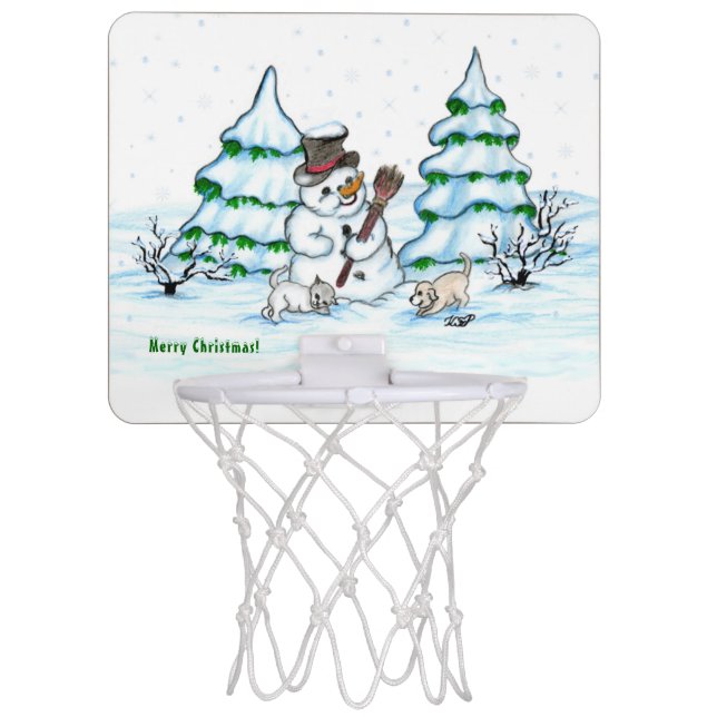Merry Christmas! Snowman with Cat and Puppy Mini Basketball Hoop (Front)