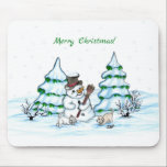 Merry Christmas! Snowman with Cat and Puppy Mouse Pad<br><div class="desc">Merry Christmas! Snowman with Cat and Puppy - little Dog ~~~ colored pencil drawing by Krisi ArtKSZP ~~~ Store Category >>> Merry Christmas for Kids >>> Snowman with Cat and Puppy</div>