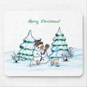 Merry Christmas! Snowman with Cat and Puppy Mouse Pad