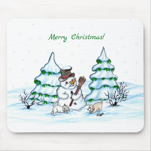 Merry Christmas Snowman with Cat and Puppy Mouse Pad