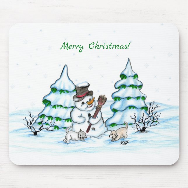 Merry Christmas! Snowman with Cat and Puppy Mouse Pad (Front)