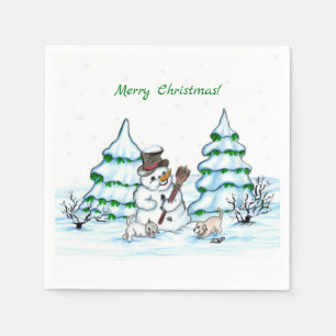 Merry Christmas! Snowman with Cat and Puppy Napkins