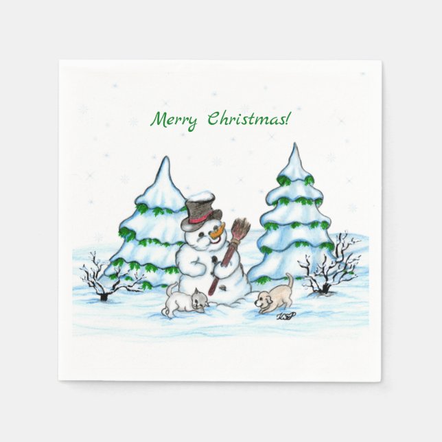 Merry Christmas! Snowman with Cat and Puppy Napkins (Front)