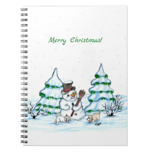 Merry Christmas! Snowman with Cat and Puppy Notebook