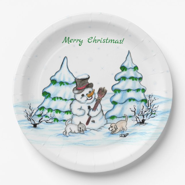 Merry Christmas! Snowman with Cat and Puppy Paper Plates (Front)