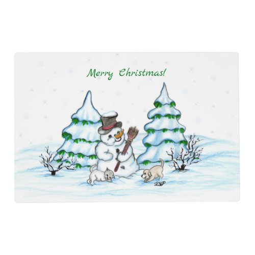 Merry Christmas Snowman with Cat and Puppy  Placemat
