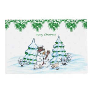 Merry Christmas! Snowman with Cat and Puppy Placemat