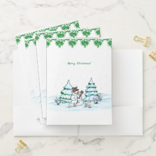 Merry Christmas! Snowman with Cat and Puppy Pocket Folder