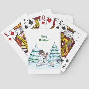 Merry Christmas! Snowman with Cat and Puppy Poker Cards