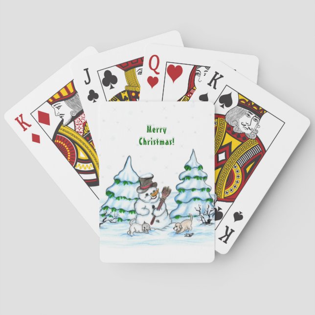 Merry Christmas! Snowman with Cat and Puppy Poker Cards (Back)