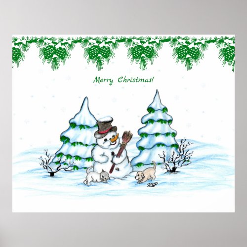 Merry Christmas Snowman with Cat and Puppy Poster