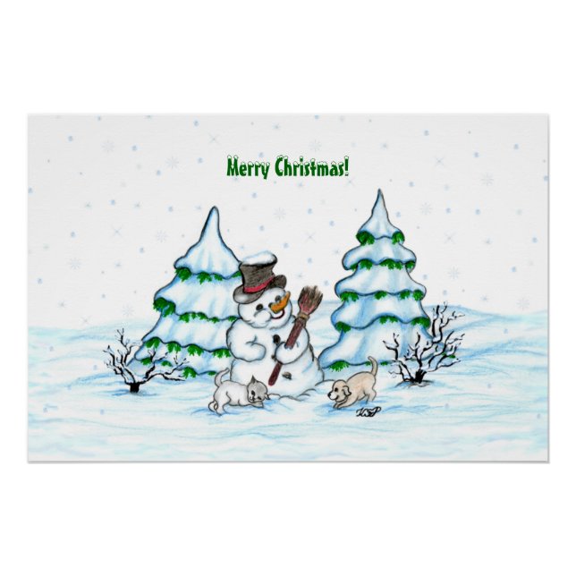 Merry Christmas! Snowman with Cat and Puppy Poster (Front)