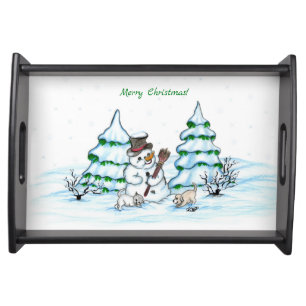 Merry Christmas! Snowman with Cat and Puppy Serving Tray