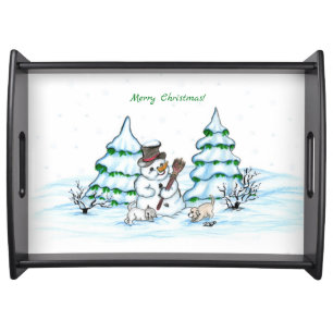 Merry Christmas! Snowman with Cat and Puppy Serving Tray