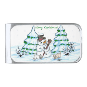Merry Christmas! Snowman with Cat and Puppy Silver Finish Money Clip