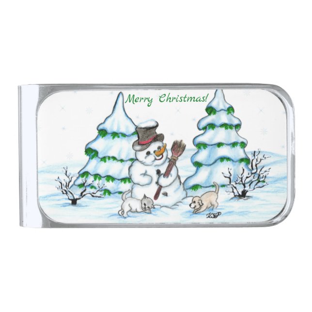 Merry Christmas! Snowman with Cat and Puppy Silver Finish Money Clip (Front)