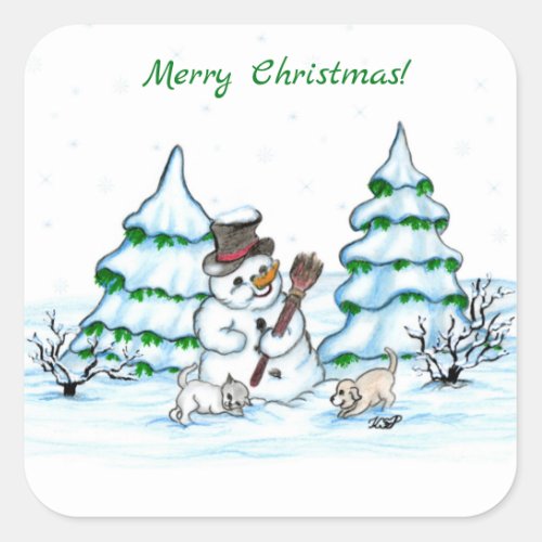 Merry Christmas Snowman with Cat and Puppy Square Sticker