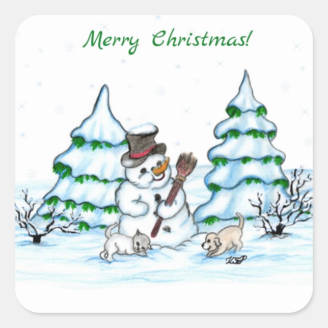 Merry Christmas! Snowman with Cat and Puppy Square Sticker (Front)