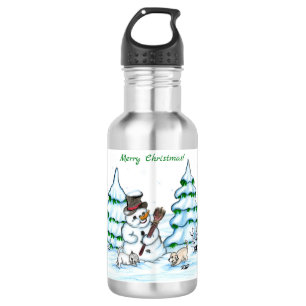 Merry Christmas! Snowman with Cat and Puppy Stainless Steel Water Bottle
