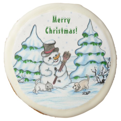 Merry Christmas Snowman with Cat and Puppy Sugar Cookie