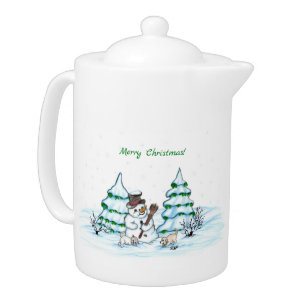 Merry Christmas! Snowman with Cat and Puppy Teapot