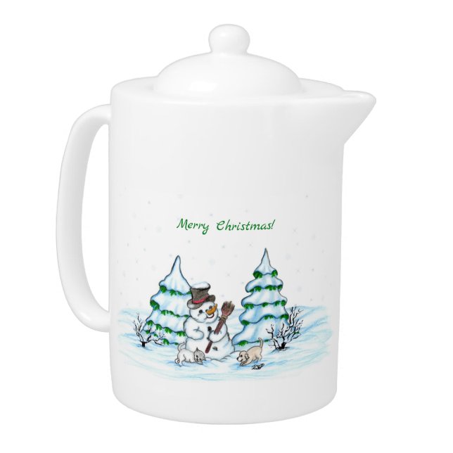 Merry Christmas! Snowman with Cat and Puppy Teapot (Left)
