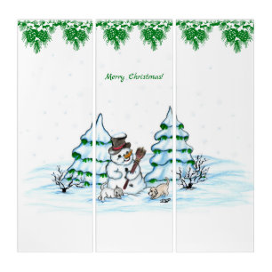 Merry Christmas! Snowman with Cat and Puppy Triptych
