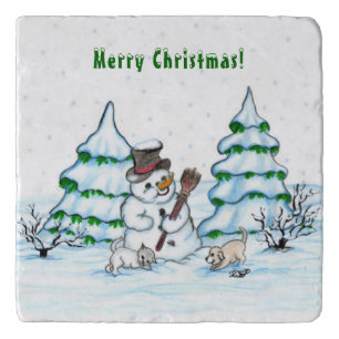 Merry Christmas! Snowman with Cat and Puppy Trivet