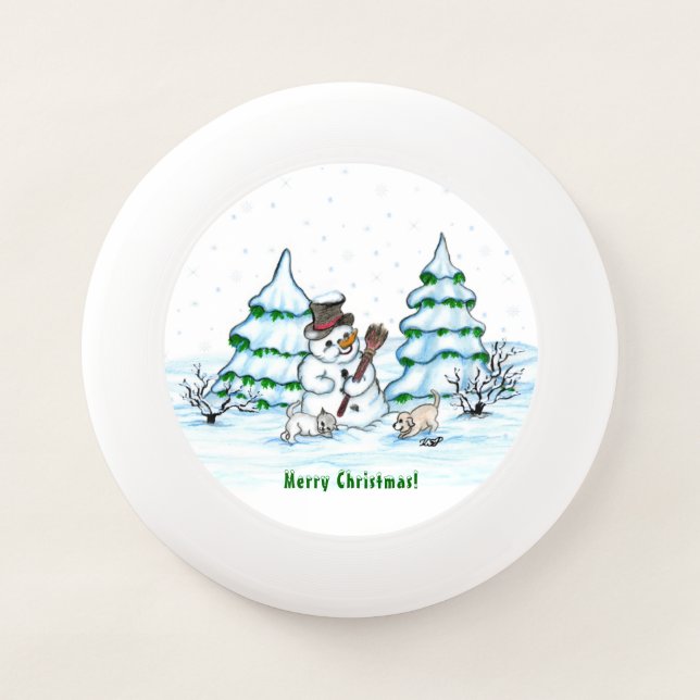 Merry Christmas! Snowman with Cat and Puppy Wham-O Frisbee (Front)