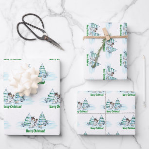 Merry Christmas! Snowman with Cat and Puppy Wrapping Paper Sheets