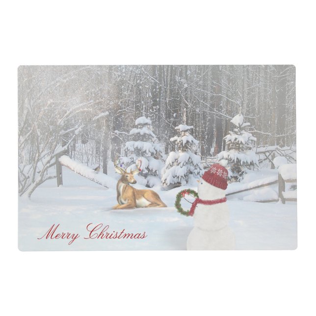 Merry Christmas Snowman With Deer Placemat (Front)
