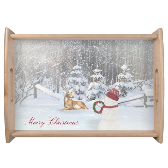 Merry Christmas Snowman With Deer Serving Tray (Front)