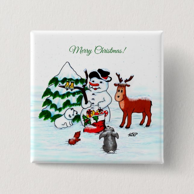Merry Christmas! Snowman with Friends Button (Front)