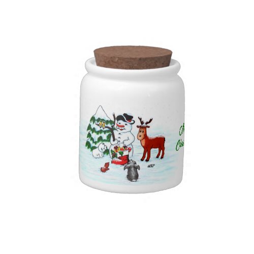 Merry Christmas Snowman with Friends Candy Jar