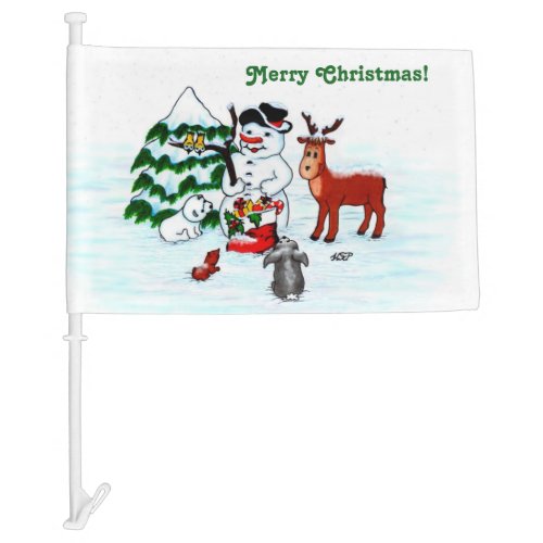 Merry Christmas Snowman with Friends Car Flag