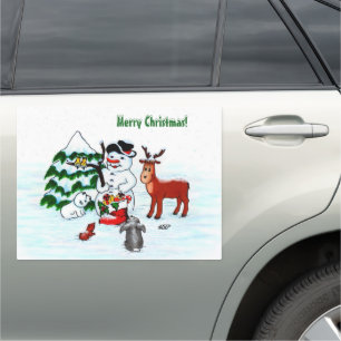 Merry Christmas! Snowman with Friends Car Magnet
