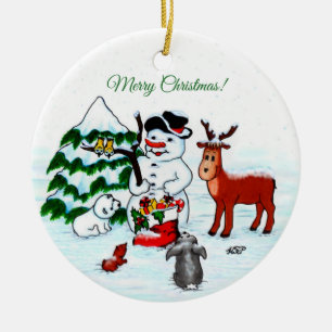 Merry Christmas! Snowman with Friends Ceramic Ornament