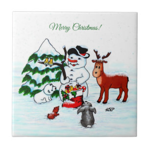 Merry Christmas! Snowman with Friends Ceramic Tile