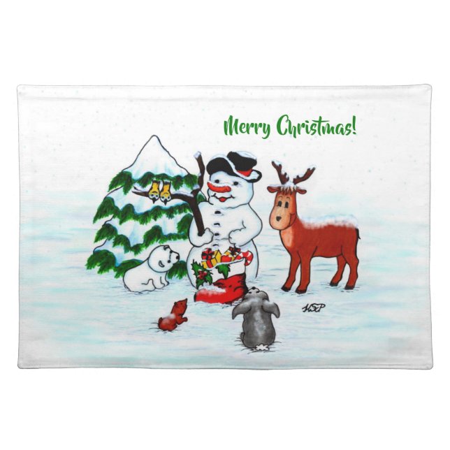 Merry Christmas! Snowman with Friends Cloth Placemat (Front)