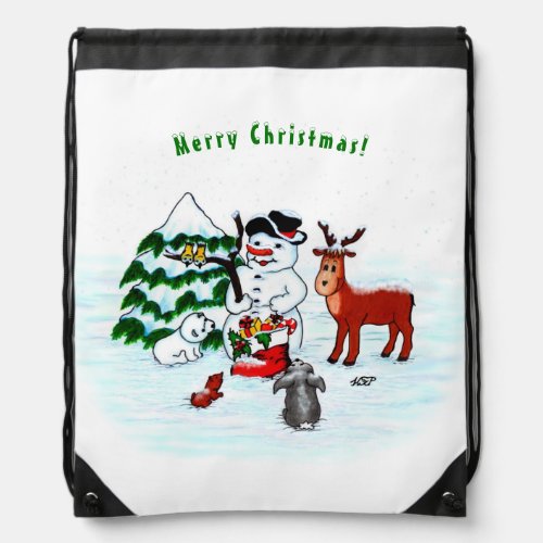 Merry Christmas Snowman with Friends Drawstring Bag