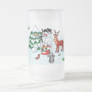 Merry Christmas! Snowman with Friends Frosted Glass Beer Mug