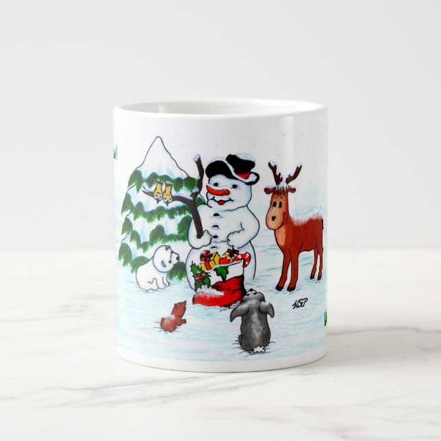 Merry Christmas! Snowman with Friends Giant Coffee Mug (Front)