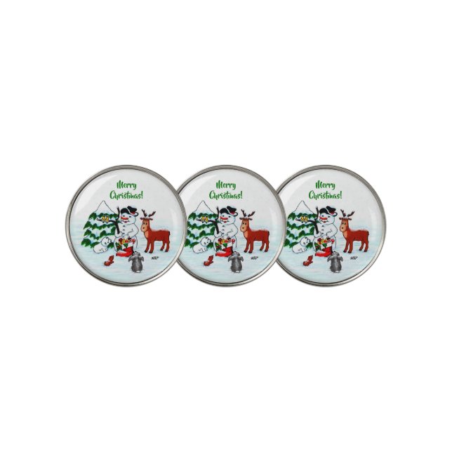 Merry Christmas! Snowman with Friends Golf Ball Marker (3 Up)