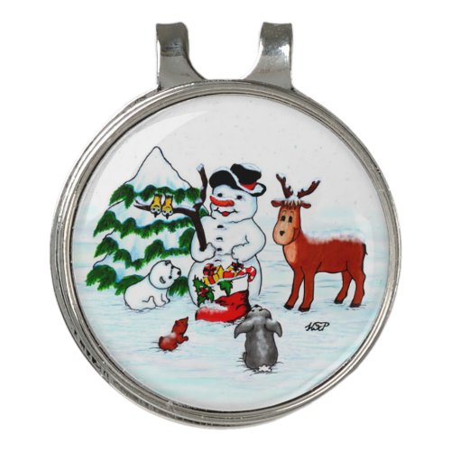 Merry Christmas Snowman with Friends Golf Hat Clip
